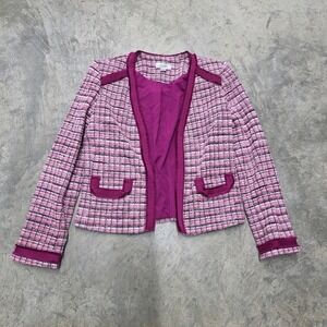 Tahari Pink Plaid Tweed Collarless Open Front Jacket Women's Size‎ Petite